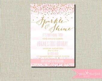Sparkle and Shine Birthday Invitation, Pink and Gold Birthday Invitation, Birthday Invitation, Gold Glitter, Glam, Confetti, Blush, Digital