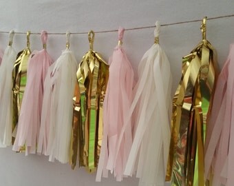 Blush Pink White Gold Tissue Paper Tassel Garland, Party Decorations, Baby Shower, It's a Girl, Wedding Decorations, Tassel Garland