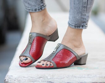 Leather Sandals, Women Summer Shoes, Leather Clogs, Mules, Leather Flip-Flops, Women Sandals, Heeled Sandals, Red, Free Shipping