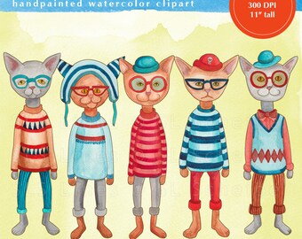 Cat watercolor clipart, cats wearing sweaters clip art graphic set, kitty graphics PNG files by SLS Lines for DIY designs