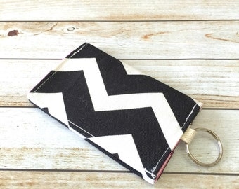 Black Chevron Print Credit Card Wallet, Fabric Wallet, Cash Wallet, Business Card Holder, Keychain Wallet, Velcro Wallet, Gift Card Holder