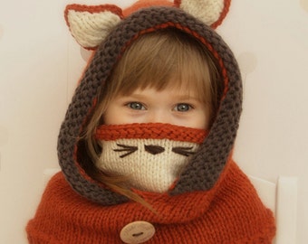 Hooded cowl Fox Rene - PDF knitting pattern - in baby, toddler, child and adult sizes