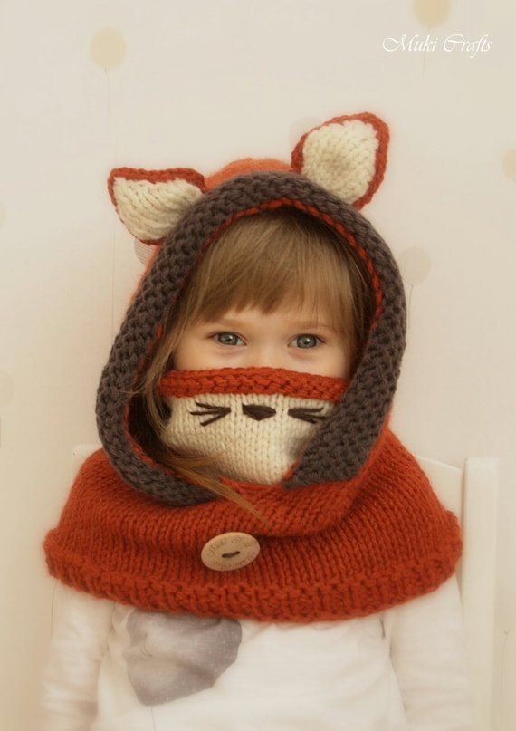 Hooded cowl Fox Rene PDF knitting pattern in baby
