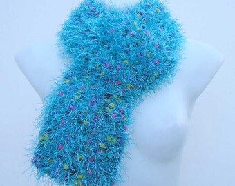 Aqua scarf, hand knitted scarf, blue scarf, fuzzy knit scarf, fancy eyelash yarn scarf, woman's knitted scarf, womens scarf, fun fur scarf