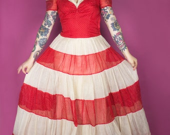 1940s Dress / 40s Striped Swiss Dot Gown / 30s Polka Dot Party Dress