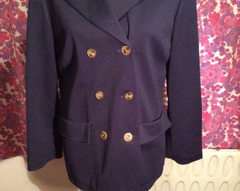 Vintage Retro 1960s 1970s Navy Blue With Gold Buttons Crimplene Jacket Blazer By Jacatex UK Size 12 14