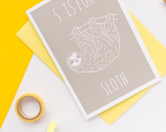 Sloth Card / Animal Alphabet Card / Sloth Lover / Cute Friend Card / Alphabet Card / Sloth Birthday / Animal Notecard / Recycled Material