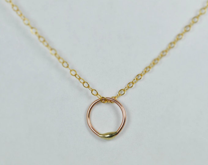 Solid 14k Gold Dew Drop and Solid Rose Gold Necklace, Solid 14k Gold Circle Necklace, Dew Drop Necklace, Minimal Necklace, Dainty Necklace