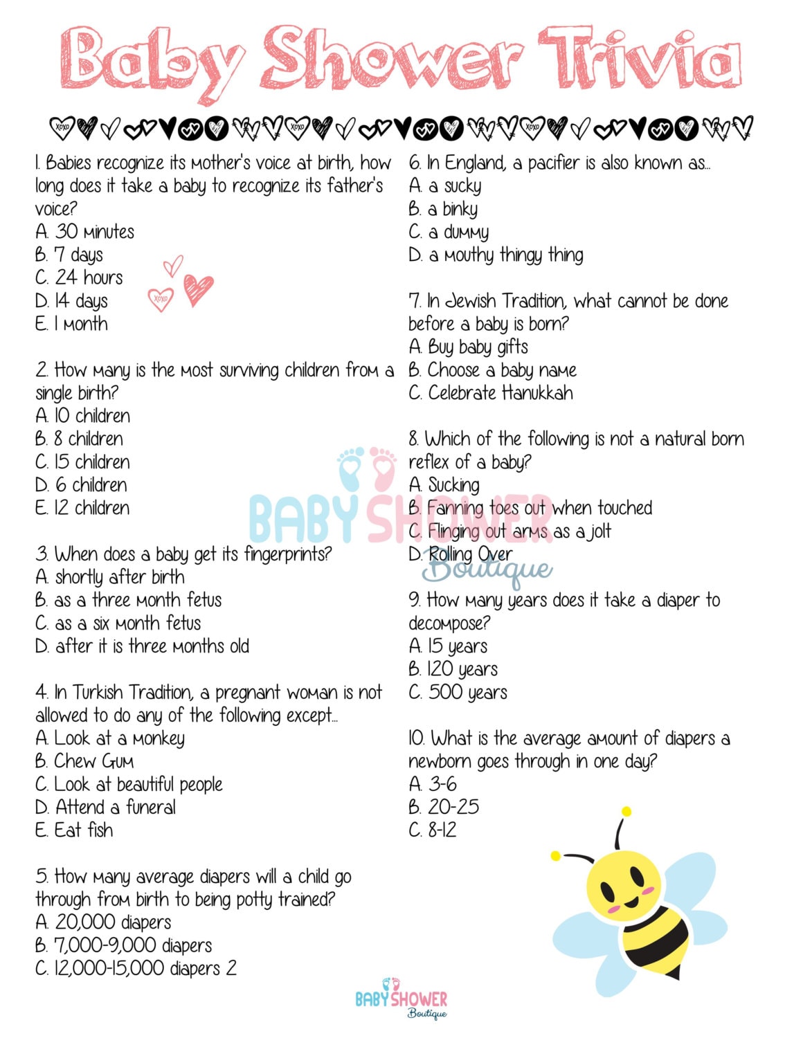 Baby Shower Trivia Baby Shower Game BLUSH Fun Detailed and