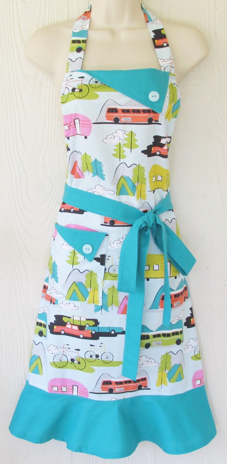 Camping Apron Retro Trailers Tents Summer Travel Vintage