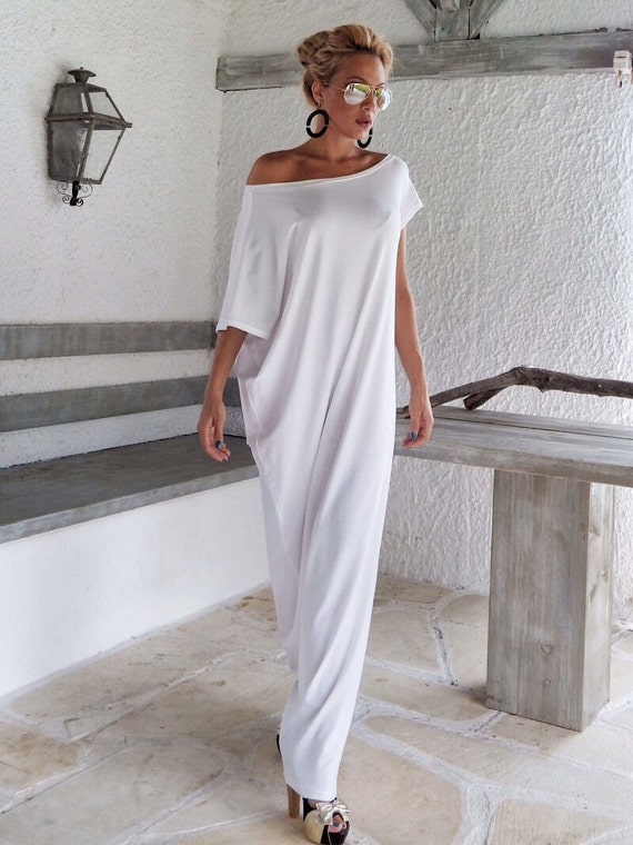 White Maxi Dress / White Kaftan / Asymmetric Plus Size Dress