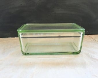 Vaseline Glass Refrigerator Box - Vintage Container with Lid - Uranium Glass - Dish - UV - Lid Loaf Pan - Container