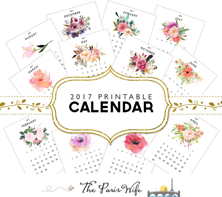 2017 Printable Calendar Instant Download Floral Calendar 2017