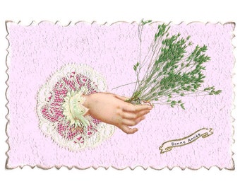 Embossed Die-Cut Postcard, French Antique Lace and Dried Flowers Card, Happy New Year Card, Best Wishes on Laid Paper Card