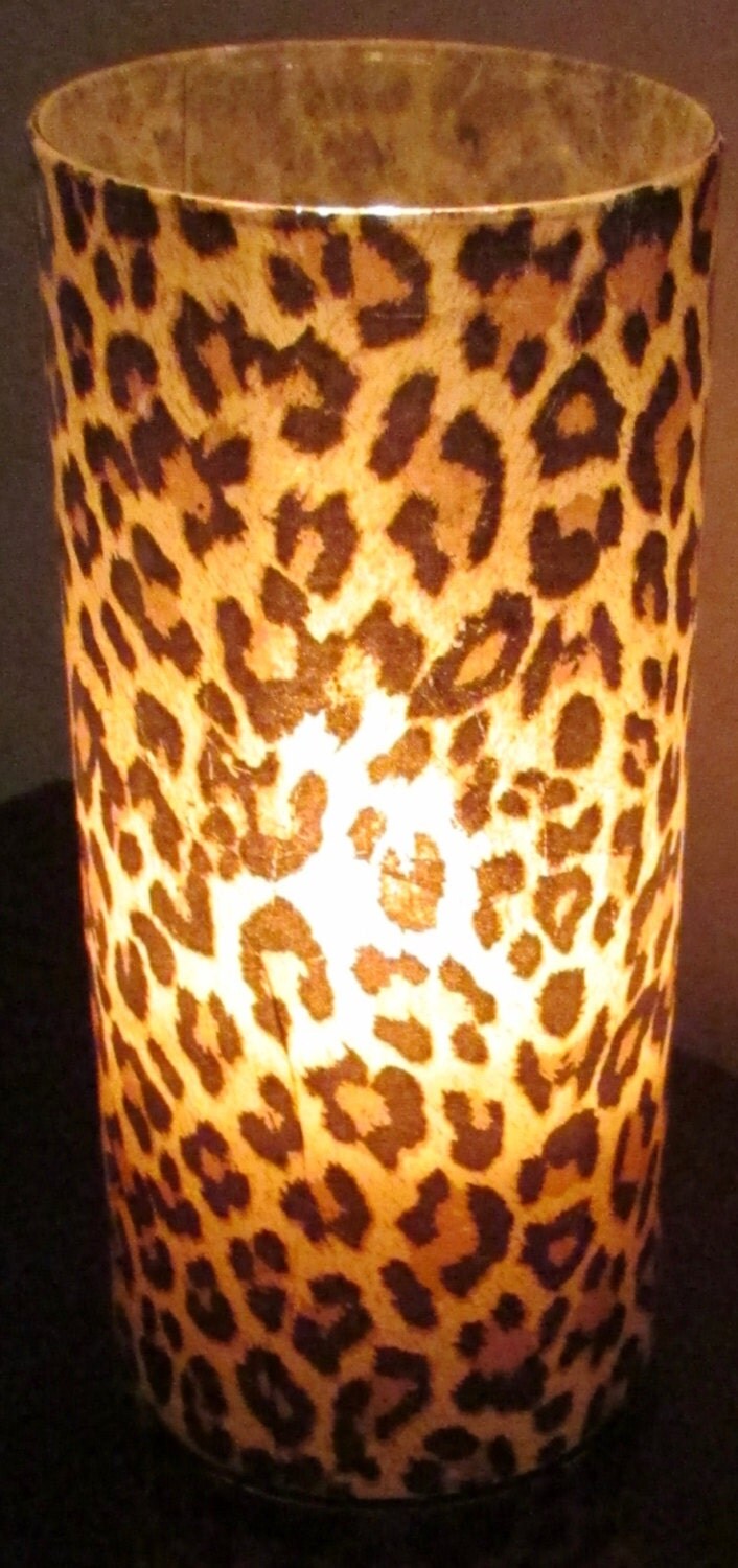 Decoupaged Leopard Print Glass Cylinder Vase or Candle Holder