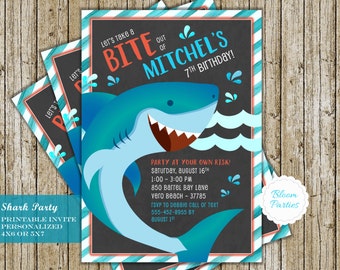 Shark Birthday Invitations Shark Attack Party Shark Birthday Invites Bite Boy Pool Swim Party Digital Printable