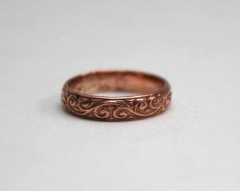 Copper Ring with Scroll Pattern - Rustic Elegance Copper Swirl Wedding Band - Bohemian Style Copper Wedding Ring - Rustic Wedding Band