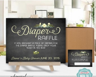 Diaper Raffle Sign & Card "Sweet Floral, Diaper" (Printable File Only) 8"x10" Pink Blue or Yellow Chalkboard Style Shower Game Bring Diapers