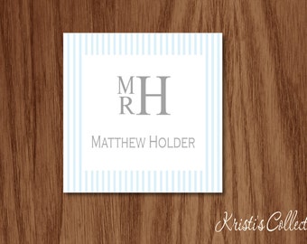 Seersucker Calling Cards Gift Tags Stickers, Personalized Boys Babies Stacked Monogrammed Gift Inserts Enclosure Cards, A Gift From Cards