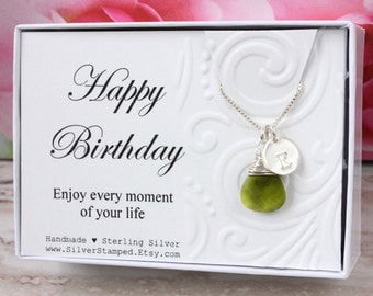 August birthstone initial necklace, green Swarovski teardrop peridot briolette crystal wire wrapped in sterling silver August birthday gift