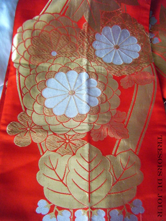 Vintage Japanese Silk Obi Red Gold Silver Marriage Obi with