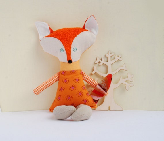 Stuffed Orange Fox Doll, Forest Animals Toys, Rag Textile Fabric Doll, Soft Animal Toy, Nursery Decor, Woodland Animal Toys, Gift for Girls