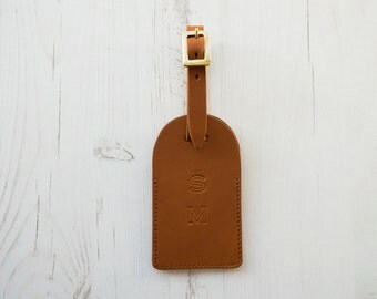 MONOGRAM Leather Luggage Tag Custom Initials - Tan