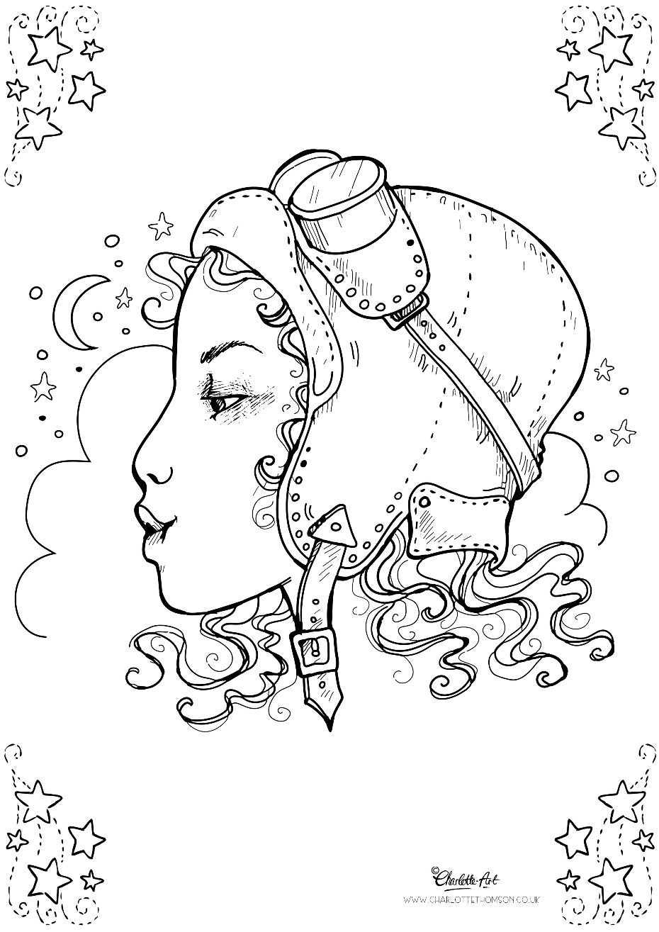 Adult Colouring Page. Aviator Steampunk Victorian Pin Up Girl