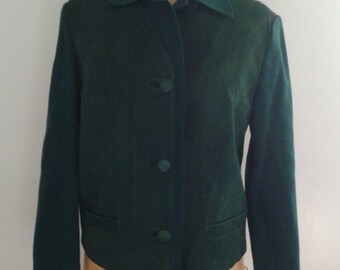 SALE /// Vintage 1960's Bleyle Vetrix Dark Green Knit Jacket Cardigan Suede Front Panels Sz Med Mod Minimalist