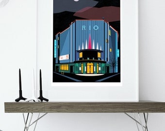 The Rio Cinema : Art Deco London Illustrated poster print. Giclee Art Prints in A3 A2 sizes. Wall Art, home decor, London Hackney