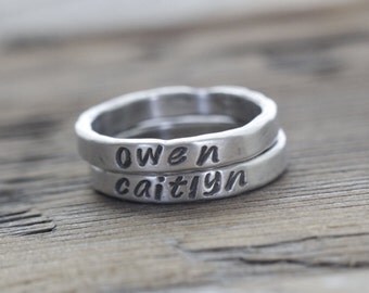 wider 3mm fine silver stacking rings, personalized rings, stackies, name rings, rustic, organic, mother's ring, hand stamped, gift for her