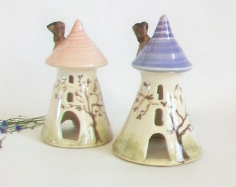Fairytale Tower -Miniature - Purple or Pink Roof - Rapunzel - Night Light - Hand Made - Hand Painted - Ready to Ship