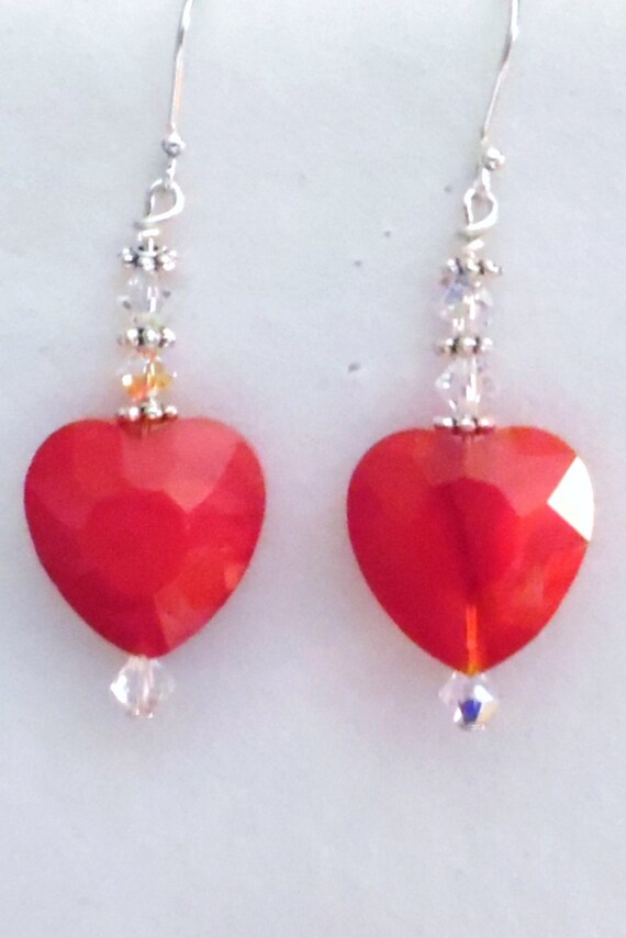 Crystal Red Heart Earrings Handmade Crystal by AlsJewelryDesigns