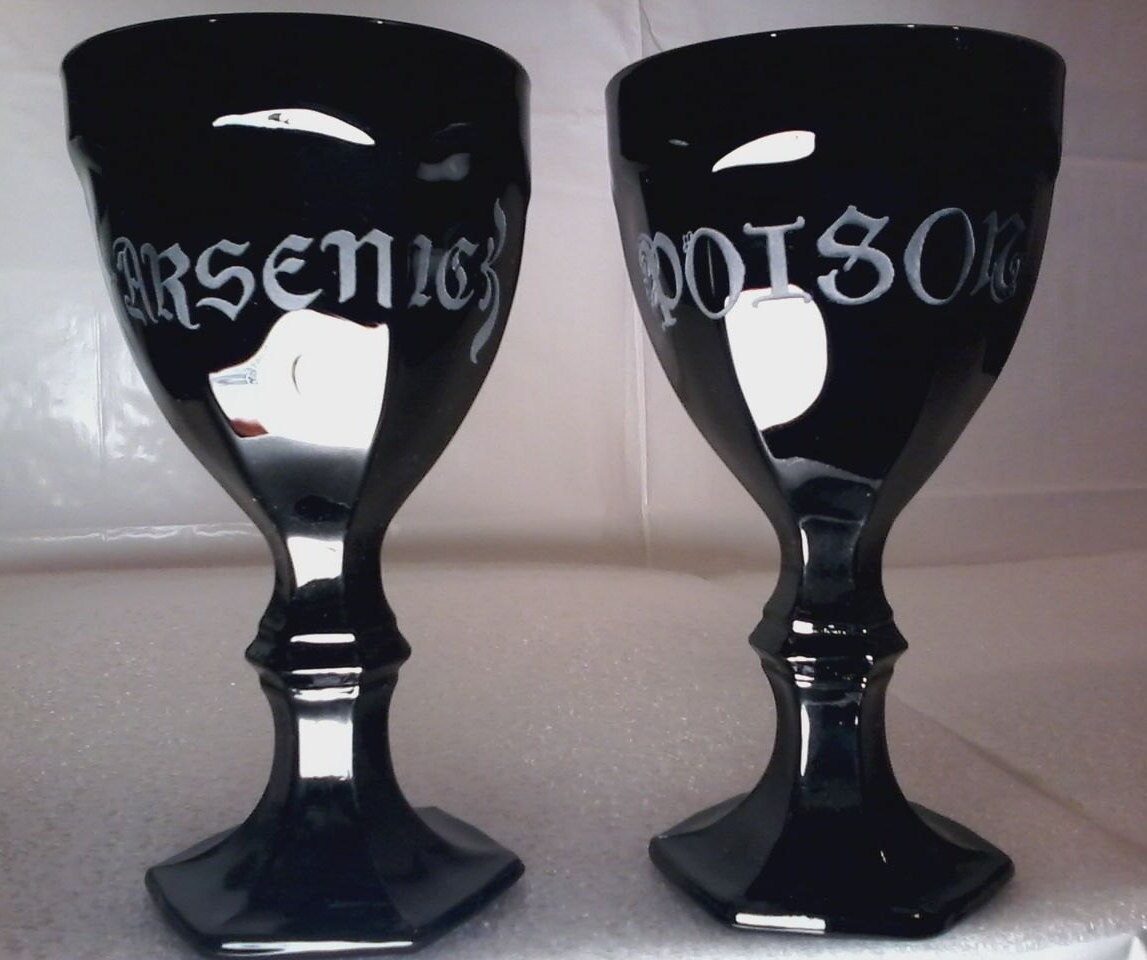 Black Glass Chalice Goblet Vintage Gothic Pair Etched POISON