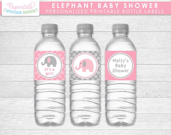 elephant theme baby shower water bottle labels pink grey