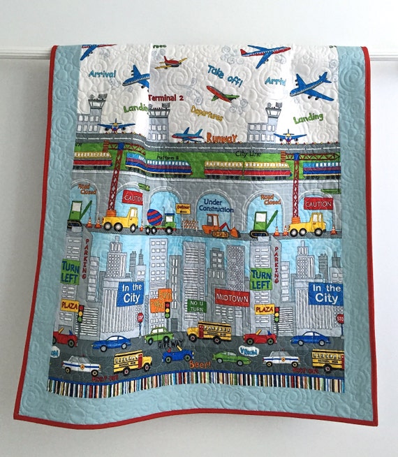 Baby Boy Quilt with Construction Vehicles by KimsQuiltingStudio