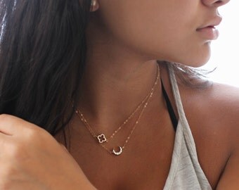 Four leaf clover necklace, 14k gold filled, dainty cubic zirconia 4 leaf clover, gold Shamrock, layering necklace, good luck charm