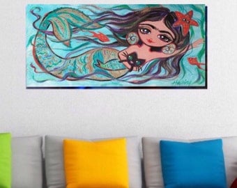 30% Off FRIDA KAHLO Mermaid Print Cat Canvas Gallery Wrap Mexican Folk Art Dorm Corporate Art Painting Poster Home Decor Wall Art Giclee