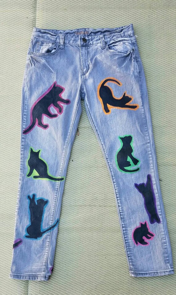 Items similar to Cat Jeans! Hand Painted Custom Made Unisex Slim Fit ...