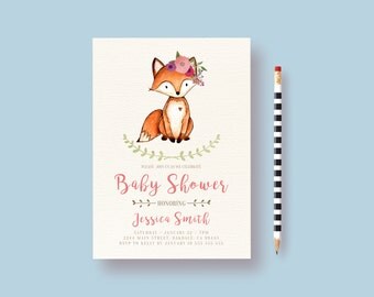 woodland girl baby shower invitation, fox baby shower invitation, woodland baby shower, Forest friends invitation, fall baby shower