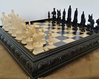 Gorgeous Florentine chess set hand crafted in Poplar and Ipwich Pine. Exquisitely embossed American hardwood frame, with underside storage.