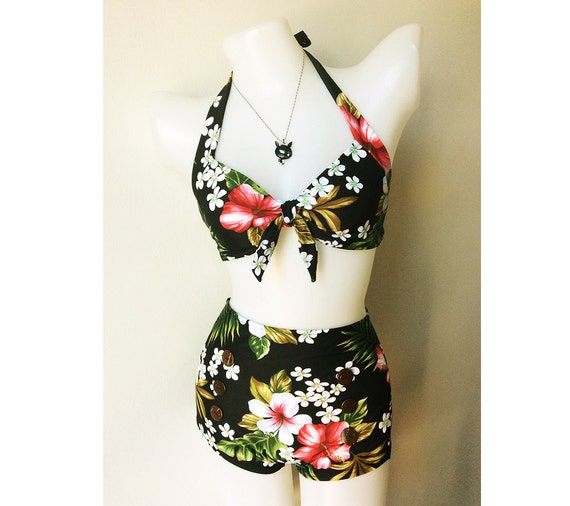 Vintage Hawaiian Tropical Women Two Piece Bikini in Black