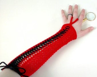 Red Corset Gloves - Vampire Costumes - Blood Elf Cosplay Gloves - Victorian Gloves - Goth Gloves - Fantasy Clothing - Geeky Gifts for Her