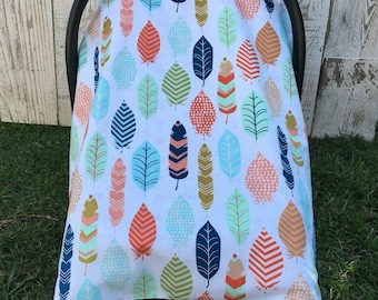 Custom Baby Girl Car Seat Cover Set, Boho Chic Car Seat Canopy, Feathers Carseat Cover, Arrows, Tribal Infant Carseat Canopy, Wood