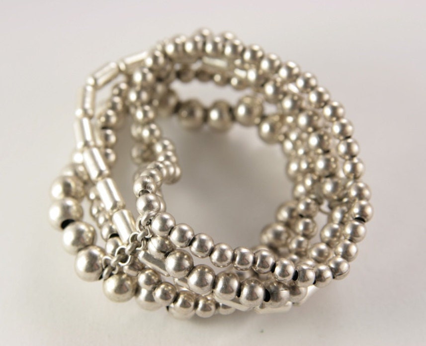 Wide Stretch Bracelet Beaded Silver Plate Cuff Bangle