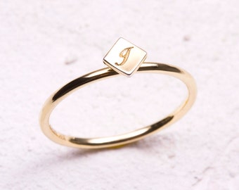 14k solid gold ring, Diamond shaped gold ring, Skinny Solid Gold Initial Stackable Ring, Personalized Initial Ring