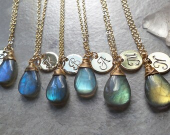 Labradorite necklace, personalized jewelry, custom hand stamped inital charm and teardrop gemstone pendant, birthday gifts for her