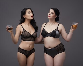 Tanga and bralette "Whisky" cheeky panties, polka dots, see-through, sheer mesh set, women underwear, bow detail, comfy cut, black lingerie