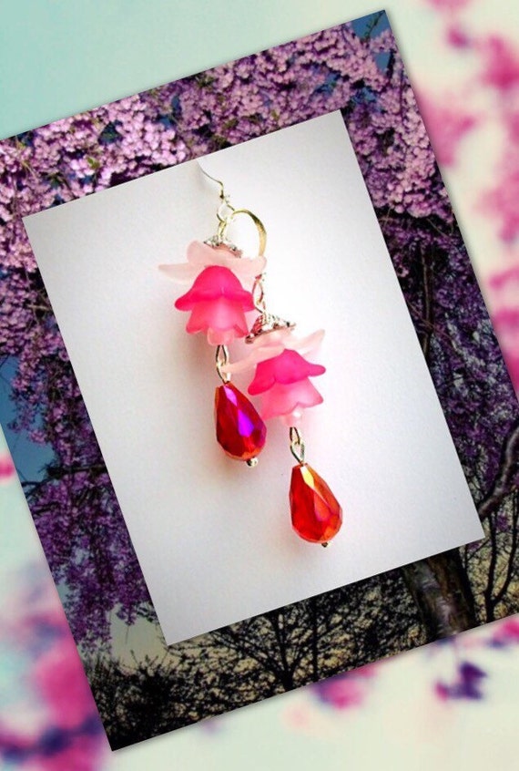 Pink Flower Dangle Romantic Vintage Earrings Fuchsia Crystal