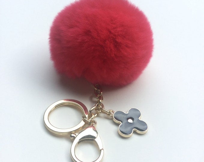 New! Summer Collection Electric Red fur pom pom keychain bag charm flower clover keyring